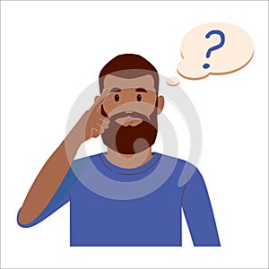 Portrait of young black beard man with question mark in think bubble. People thinking or solving problem. Dilemma vector