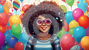 Portrait of a young black woman with curly hairs wearing cool glasses on a festive background with colorful balloons