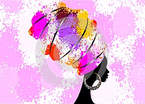 Portrait of the young black woman in turban. Animation African beauty. Vector color illustration isolated on colorful background