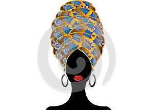 Portrait of the young black woman in a turban. Animation African beauty. Vector color illustration isolated on a white background.