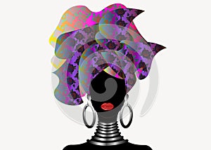 Portrait of the young black woman in a turban. Animation African beauty. Vector color illustration isolated on a white background.