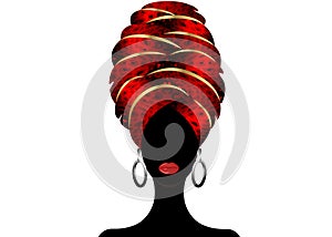 Portrait of the young black woman in a turban. Animation African beauty. Vector color illustration isolated on a white background.