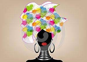 Portrait of the young black woman in a turban. Animation African beauty. Vector color illustration isolated on a white background.