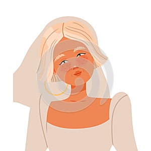 Portrait of Young Blond Bride in White Wedding Dress and Veiling as Newlywed or Just Married Female Vector Illustration