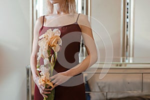 Portrait of the young blonde attractive woman with the fashion alien gold make up