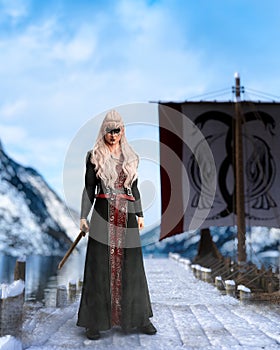 Portrait of a young blonde haired viking warrior woman standing on a pier holding a sword with a long boat behind iin winter. 3D