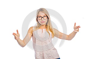 Portrait of a young blonde hip-hop pose, stand-up, woman`s emotions, shooting on an isolated background