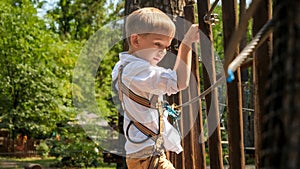 Portrait of young boy climbing and crossing rope bridge with wooden planks. Active childhood, healthy lifestyle, kids playing