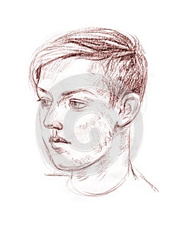 Portrait of a young boy. Hand-drawing with sanguine technique