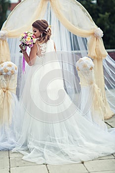 Portrait of a young bride in a white dress