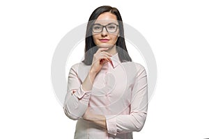 Portrait of young brunette business woman with glasses pink shirt close up on white isolated background