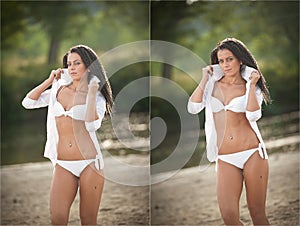 Portrait of young brunette girl in white swimsuit and male shirt posing on a beach with a forest in background