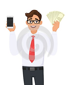 Portrait of young business man showing or holding a new digital smartphone Mobile, Cell and cash, money, currency notes in hand.