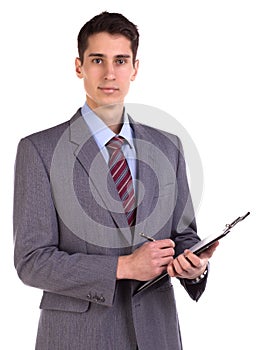 Portrait of young business man taking notes isolated on white