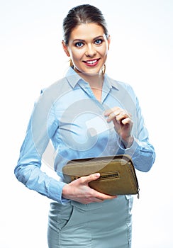 Portrait of young business woman holding credit ca