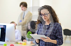 Portrait of young business woman at modern startup office interior, team in meeting in background