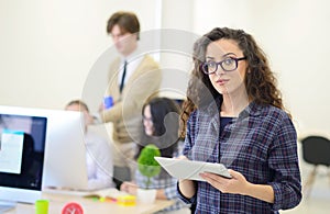 Portrait of young business woman at modern startup office interior, team in meeting in background