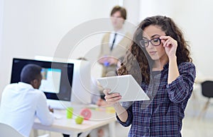 Portrait of young business woman at modern startup office interior, team in meeting in background