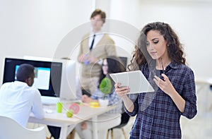 Portrait of young business woman at modern startup office interior, team in meeting in background