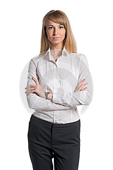 Portrait of young business woman white shirt black