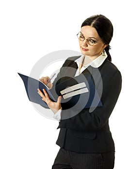 Portrait of young business woman writing