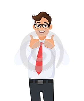 Portrait of young businessman showing/gesturing thumbs up sign, dressed in formal wear and red colour tie. Human emotions, facial.