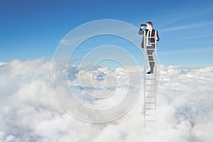 Young businessman with binoculars above cloud