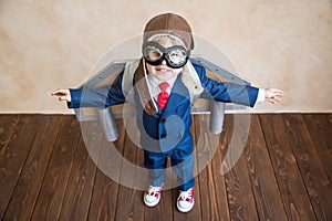 Portrait of young businessman with toy paper wings