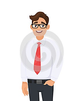 Portrait of young businessman in white shirt and red tie, hand in pant`s pocket, standing against white background.