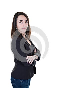 Portrait of a young businesswoman arms crossed on white background
