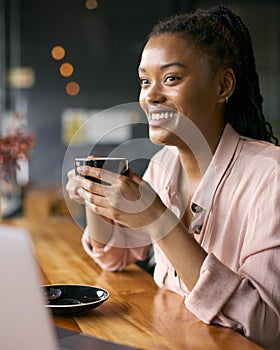 Portrait Of Young Businesswoman With Coffee Working On Laptop Sitting In Cafe Or Office