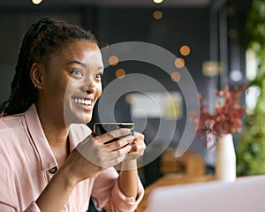 Portrait Of Young Businesswoman With Coffee Working On Laptop Sitting In Cafe Or Office