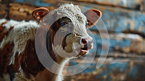 Portrait of a young calf on a background of blue wooden wall