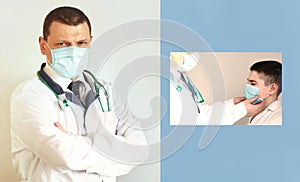 Portrait of a young caucasian doctor wearing protective mask with serious expression banner panoramic blue background. COVID-19