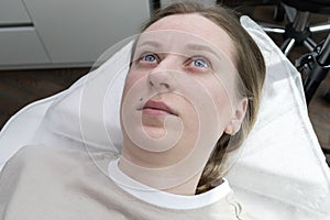 Portrait Of Young Caucasian Woman After Eyelash Lamination Procedure, Lash Treatment Lying