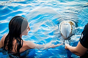 Portrait of young Caucasian woman smile with dolphin in pool water of Batumi delphinarium. Swim with dolphin experience concept