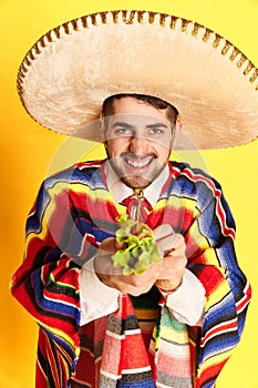 Portrait of young cheerful man in colorful festive clothes, poncho and sombrero posing wit taco against yellow studio