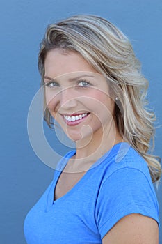Portrait of young cheerful smiling woman with sensitive skin photo