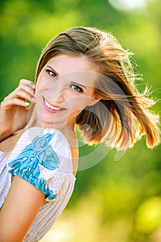 Portrait young cheerful woman peeps