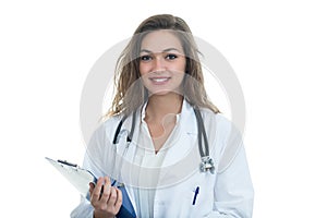 Portrait of young confident female doctor holding folder