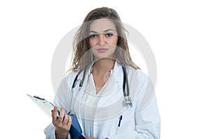 Portrait of young confident female doctor holding folder