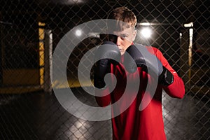 Portrait of young confident male boxer standing in pose and ready to fight in gym
