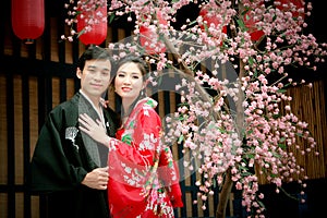 Portrait of young couple in japan dress