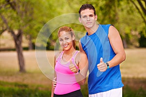 Portrait Young Couple With Thumb Up Doing Sports Training Fitness