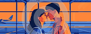 Portrait of young couple about to kiss in the airport. Flat illustration for web. Travelling. Blue and orange colors