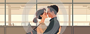 Portrait of young couple about to kiss in the airport. Flat illustration for web. Travelling. Earth color palette