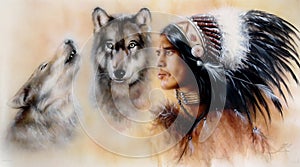 A portrait of a young courrageous indian warrior with a pair of wolves