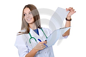Portrait of a young doctor checking reports