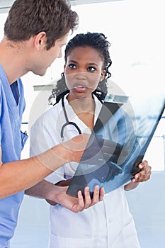 Portrait of young doctors looking at a of X-ray