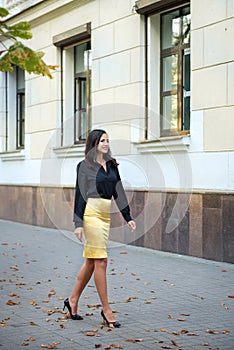 Portrait of a young elegant business woman walking along a street building